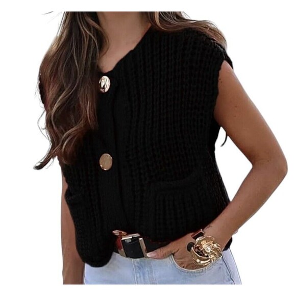 Women's Black Crochet Chunky Knit Sleeveless Gold Button Crop Top Sweater Vest M - Picture 1 of 14
